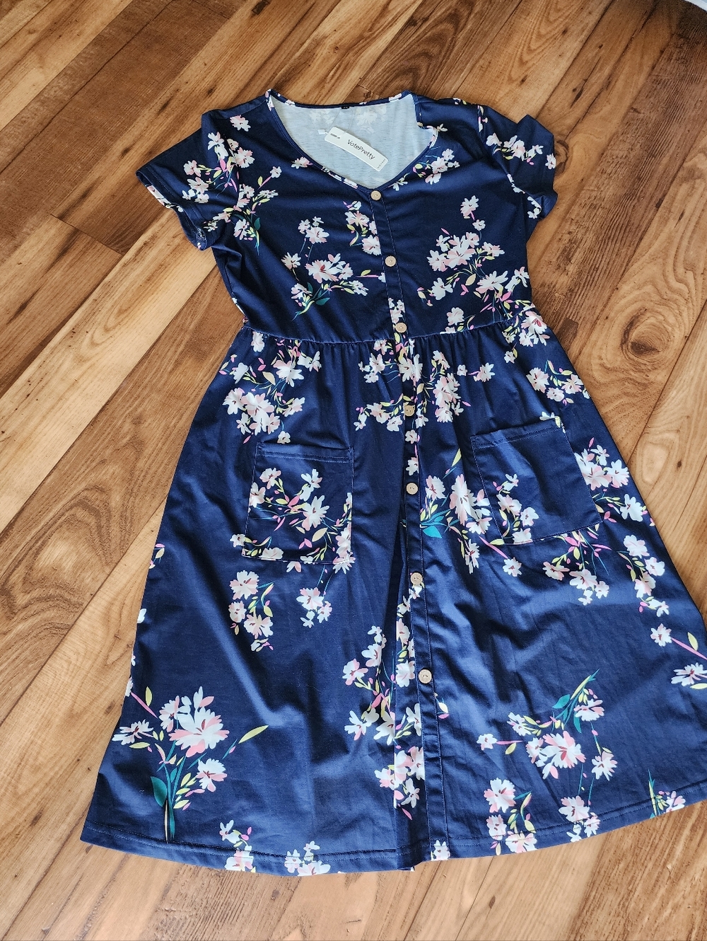 Navy Floral Button-Front Dress